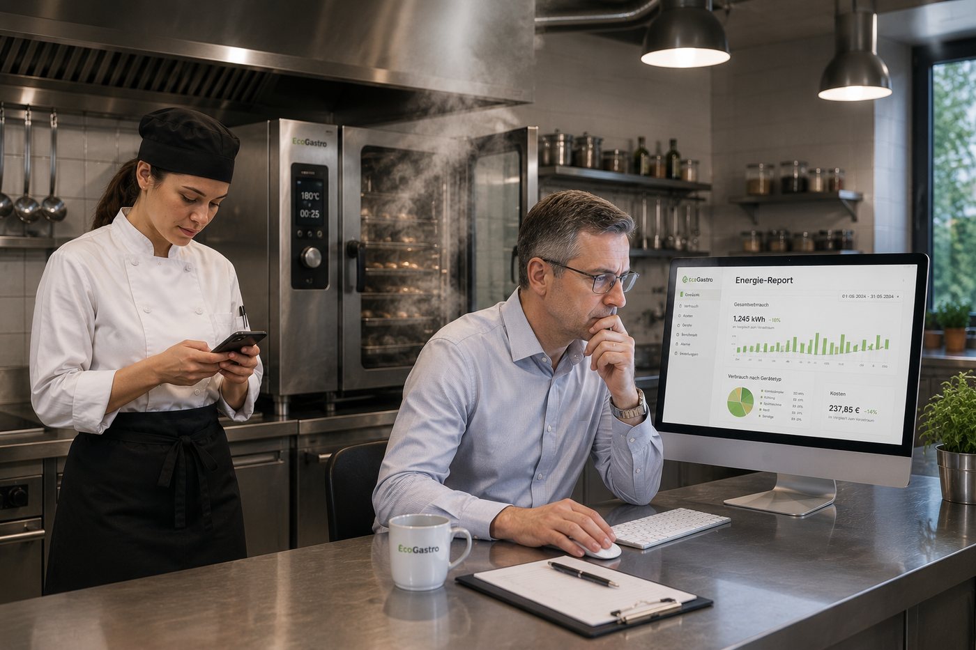 Gastronom analysiert den EnergyCalc-Energiebericht am Bildschirm, Köchin mit App